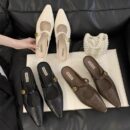 Retro Metal Buckle Pointed-Toe Mary Jane Mules Strappy Flat-Soled Closed-Toe Sandals