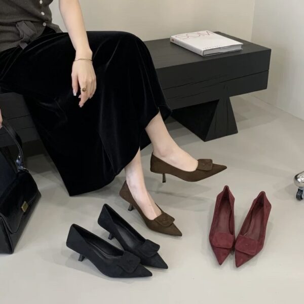 Suede Square-Toe Stiletto Heels Retro Minimalist Commuter Heels