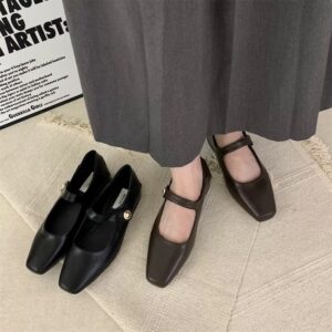 Retro square-toe Mary Jane shoes Metal buckle low-cut flat shoes