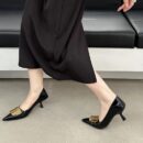 Metal Square Buckle Pointed-Toe Stiletto Heels Retro Multi-Color Commuter Low-Cut Mid-Heel Pumps