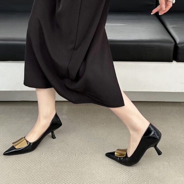 Metal Square Buckle Pointed-Toe Stiletto Heels Retro Multi-Color Commuter Low-Cut Mid-Heel Pumps