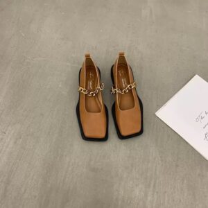 French Vintage Metal Chain Square-Toe Mary Jane Flats