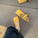 Fashionable Suede Square-Toe Mary Janes with Metal Triangle Buckle