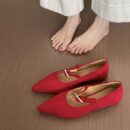 Insole Elevation Suede Pointed-Toe Metal Buckle Flat Shoes Retro Commuter Mary Jane Women's Shoes