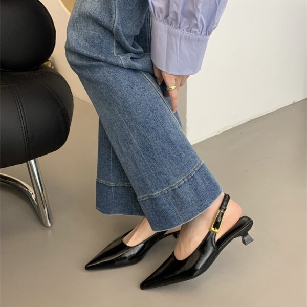 Pointed-toe backless metal buckle flats Retro stiletto-heel commuter low-heel sandals
