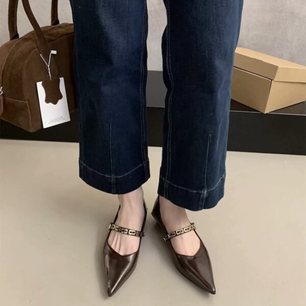 Multi-color Metal Chain-Detail Pointed-Toe Flats Retro Low-Cut Low-Heel Commuter Shoes for Women