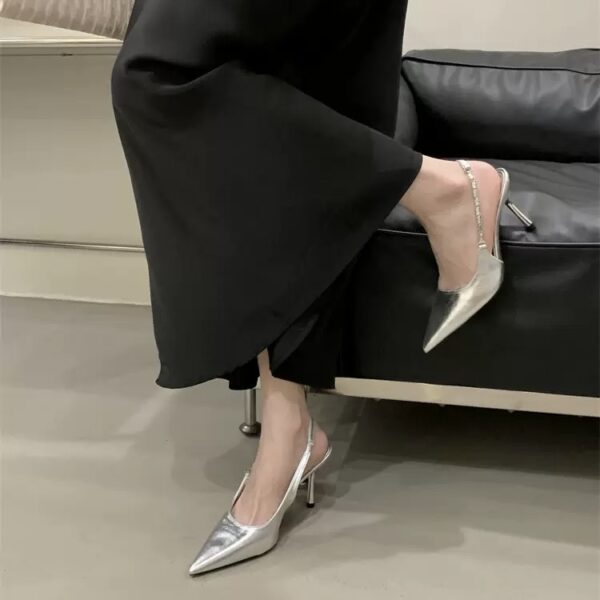 Rhinestone Chain Backless Pointed-Toe High Heels Slim-Heel Pumps for Commuting and Parties