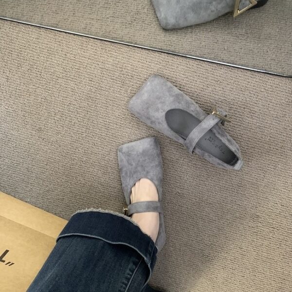 Fashionable Suede Square-Toe Mary Janes with Metal Triangle Buckle