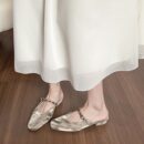 Champagne Gold Luxury Metallic Buckle Low-Heel Mules