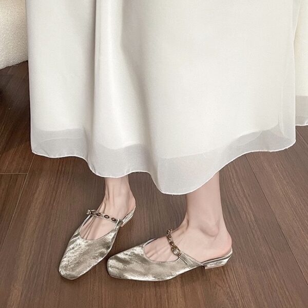 Champagne Gold Luxury Metallic Buckle Low-Heel Mules