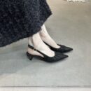 Retro Pleated Pointed-Toe Open-Back Pumps Slim-Heel French-Style Commuter Heels
