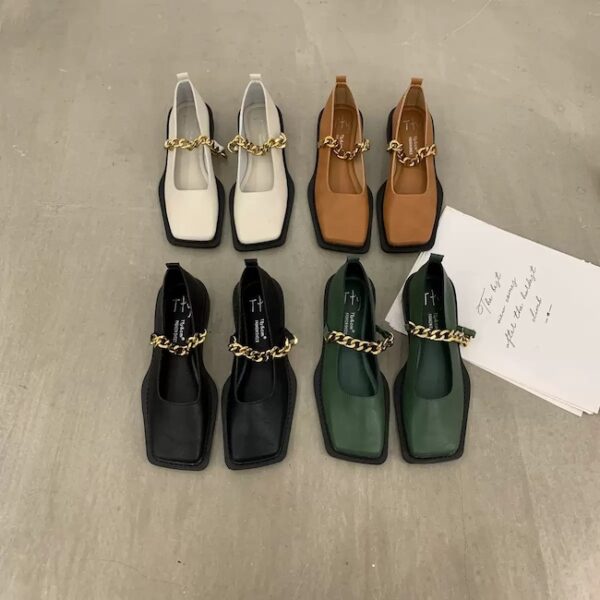 French Vintage Metal Chain Square-Toe Mary Jane Flats