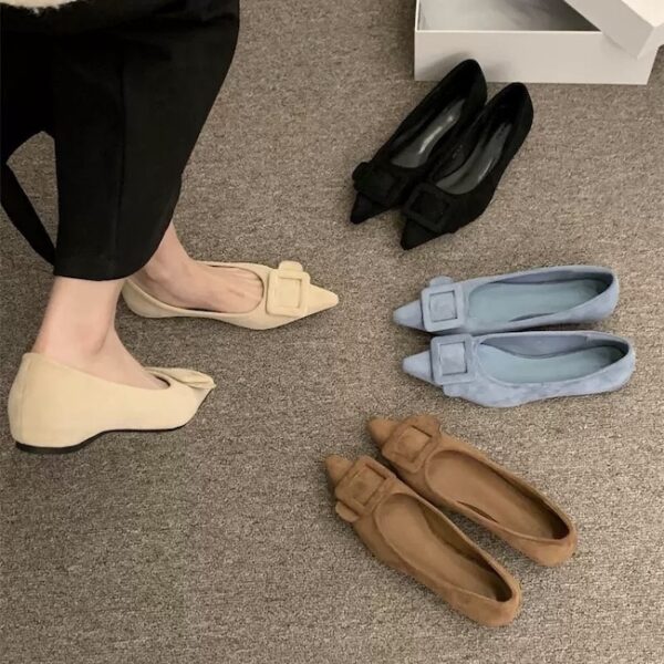 French pointed suede shallow mouth low-heeled flat shoes with a big square buckle decoration