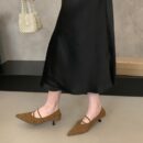 French cross-band pointed toe shoes suede mid-heel retro commuting women's shoes
