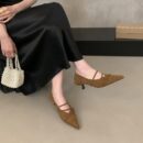 French cross-band pointed toe shoes suede mid-heel retro commuting women's shoes