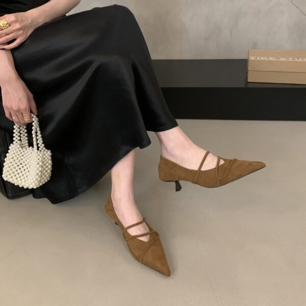 French cross-band pointed toe shoes suede mid-heel retro commuting women's shoes