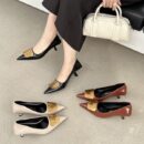 Metal Square Buckle Pointed-Toe Stiletto Heels Retro Multi-Color Commuter Low-Cut Mid-Heel Pumps