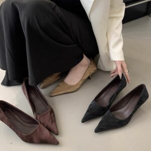 Multi-Color Velvet Pointed-Toe Low-Heel Pumps Retro Elegant Commuter Pumps for Women
