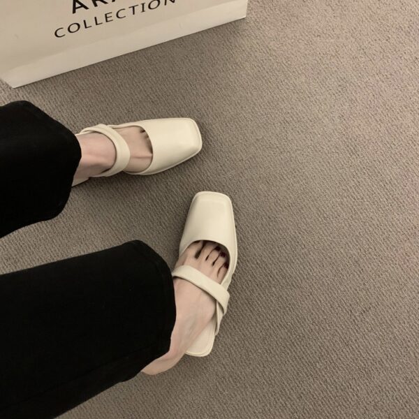 Retro Square-Toe Mules Chunky Heel Strap-Up Toe-Covered Sandals