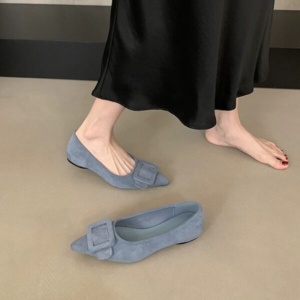French pointed suede shallow mouth low-heeled flat shoes with a big square buckle decoration