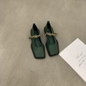 French Vintage Metal Chain Square-Toe Mary Jane Flats