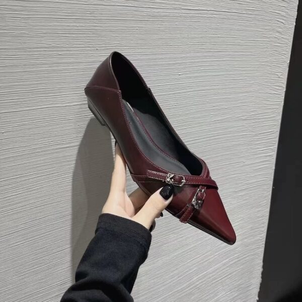 Multi-Color Metal Buckle Pointed-Toe Flats Retro Low-Heel Everyday Commuter Shoes for Women