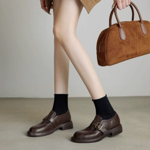 Vintage Buckle Leather Loafers - Elegant Low - Heel Shoes