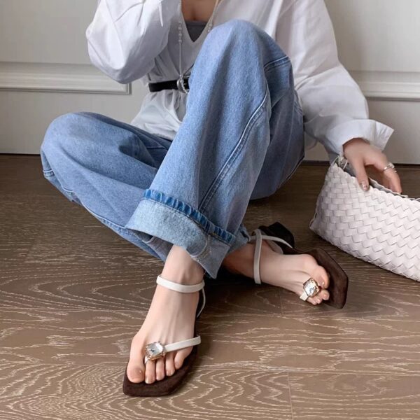 Genuine Leather Square-Toe Diamond-Embellished Sandals with Low Heels