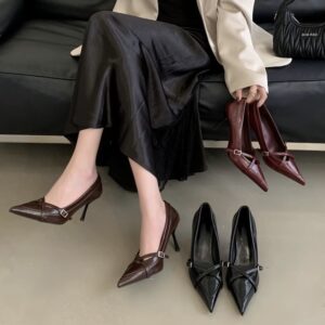 Multi-Color Crisscross Straps Pointed-Toe High Heels Retro Stiletto-Heel Commuter Shoes for Office Ladies