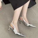 Metal Buckle Pointed-Toe Backless Sandals Glossy Stiletto Heel Vintage Commuter Pumps