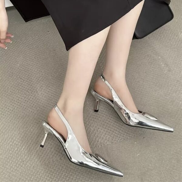 Metal Buckle Pointed-Toe Backless Sandals Glossy Stiletto Heel Vintage Commuter Pumps