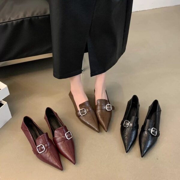 Multi-color pointed-toe metal buckle flats Retro-inspired low-cut pumps for everyday wear
