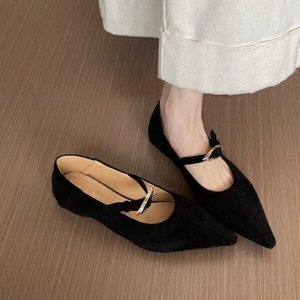 Insole Elevation Suede Pointed-Toe Metal Buckle Flat Shoes Retro Commuter Mary Jane Women's Shoes