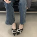Rhinestone Square Buckle Pointed-Toe Open-Back Sandals Retro Flat Commuter Sandals