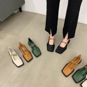 French Vintage Metal Chain Square-Toe Mary Jane Flats