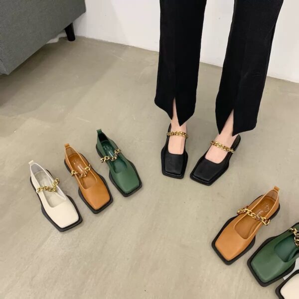 French Vintage Metal Chain Square-Toe Mary Jane Flats