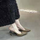 Retro Pleated Pointed-Toe Open-Back Pumps Slim-Heel French-Style Commuter Heels