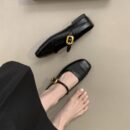 Retro Square-Toe Mary Jane Mules Metal Buckle Low-Heel Covered-Toe Sandals