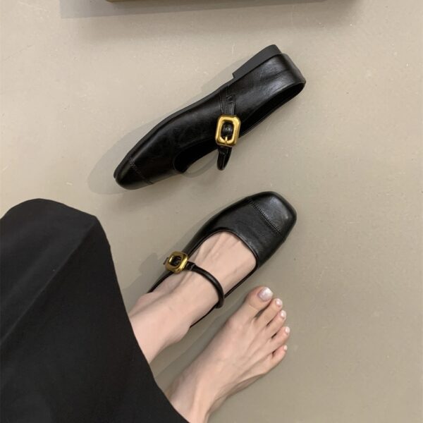 Retro Square-Toe Mary Jane Mules Metal Buckle Low-Heel Covered-Toe Sandals