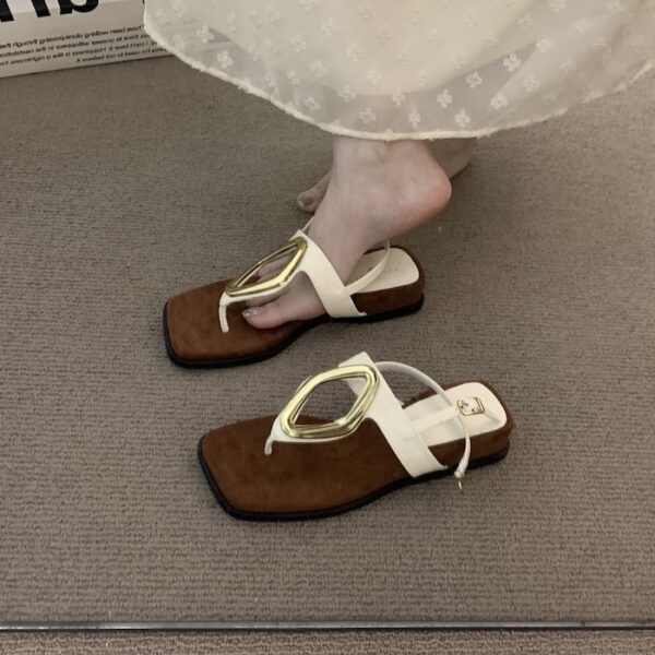 Fashion Metal Geometric Buckle Square Toe Thong Sandals Retro Flat Sandals