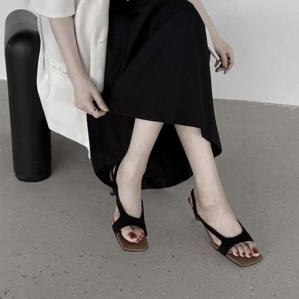 Genuine Leather Vintage Square-Toe High-Heel Sandals