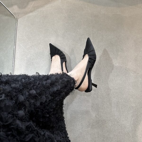 Retro Pleated Pointed-Toe Open-Back Pumps Slim-Heel French-Style Commuter Heels