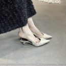 Retro Pleated Pointed-Toe Open-Back Pumps Slim-Heel French-Style Commuter Heels