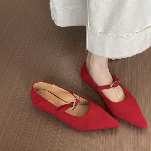 Insole Elevation Suede Pointed-Toe Metal Buckle Flat Shoes Retro Commuter Mary Jane Women's Shoes