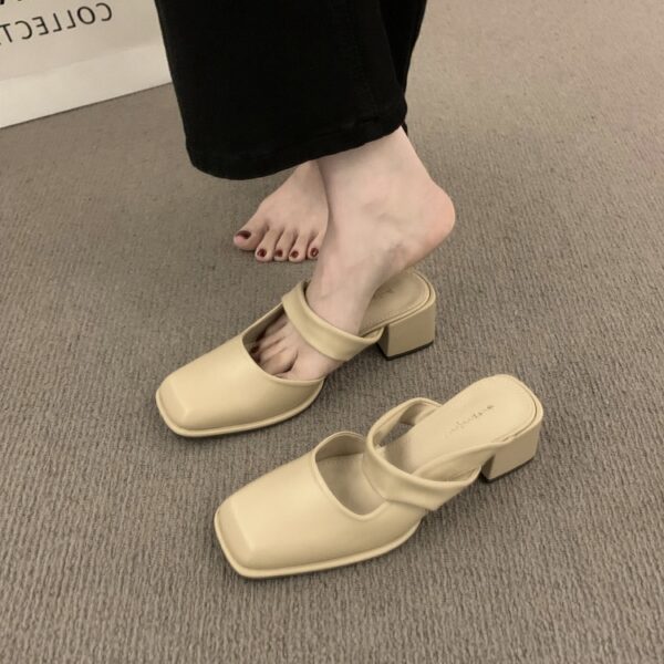 Retro Square-Toe Mules Chunky Heel Strap-Up Toe-Covered Sandals