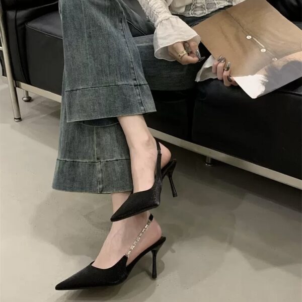 Rhinestone Chain Backless Pointed-Toe High Heels Slim-Heel Pumps for Commuting and Parties