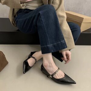 Multi-color Metal Chain-Detail Pointed-Toe Flats Retro Low-Cut Low-Heel Commuter Shoes for Women