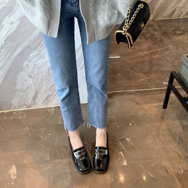 Genuine Leather British-Style Square-Toe Mid-Heel Loafers