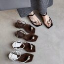 Genuine Leather Square-Toe Diamond-Embellished Sandals with Low Heels