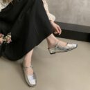Retro Square-Toe Mary Jane Mules Metal Buckle Low-Heel Covered-Toe Sandals